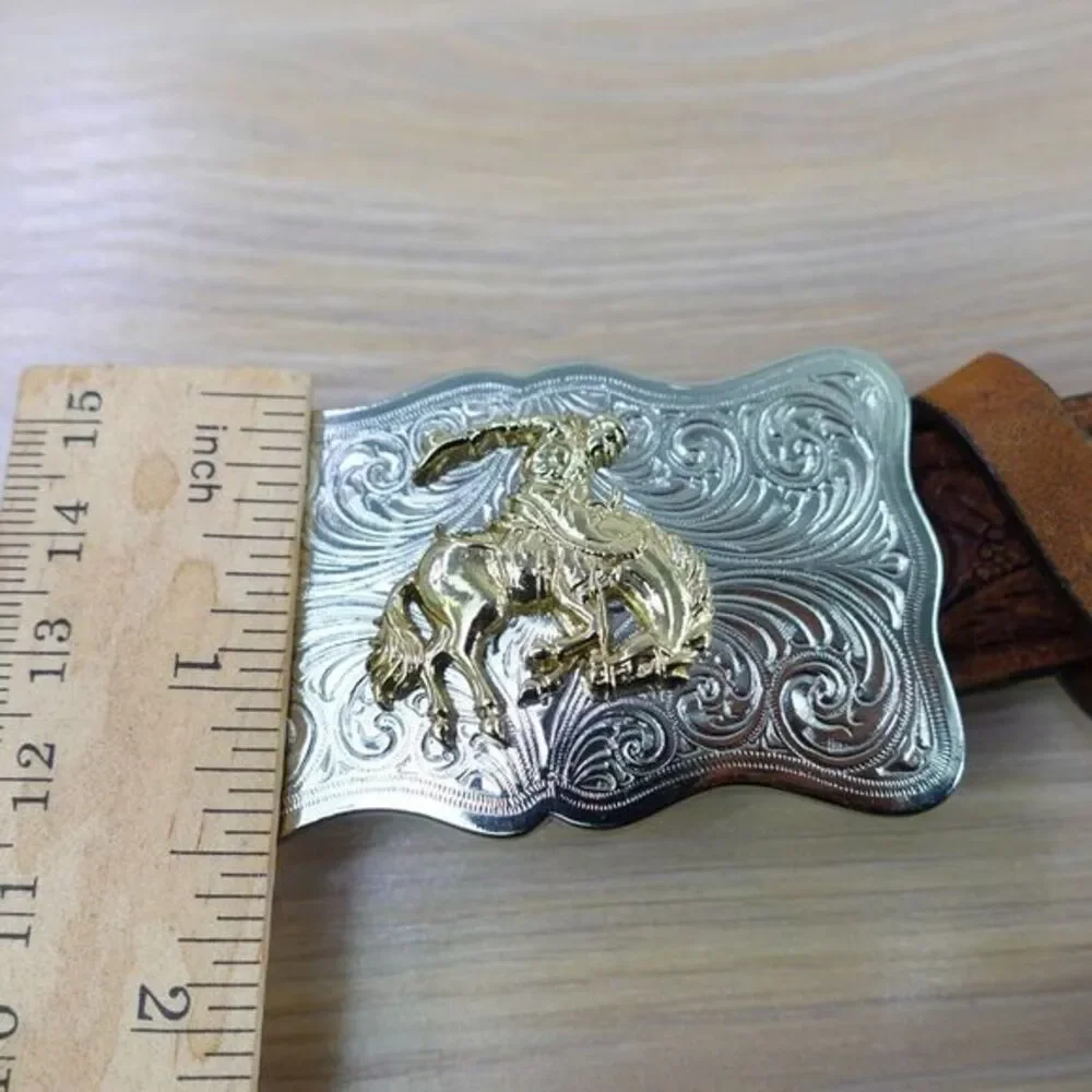 Western Top Grain Leather Belt‎ XS 28 JUSTIN Brown Tooled Rodeo Cowboy Buckle